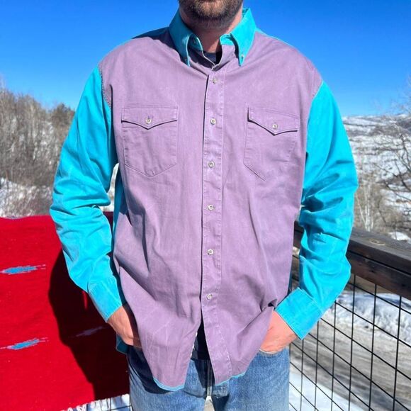 Wrangler Vintage 80s Teal and Purple Two Tone Button Down Western Cowboy Shirt - Picture 1 of 4